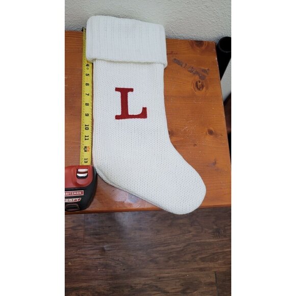 Hand-Knit White Christmas Stocking With Red "L" Initial - Picture 5 of 5